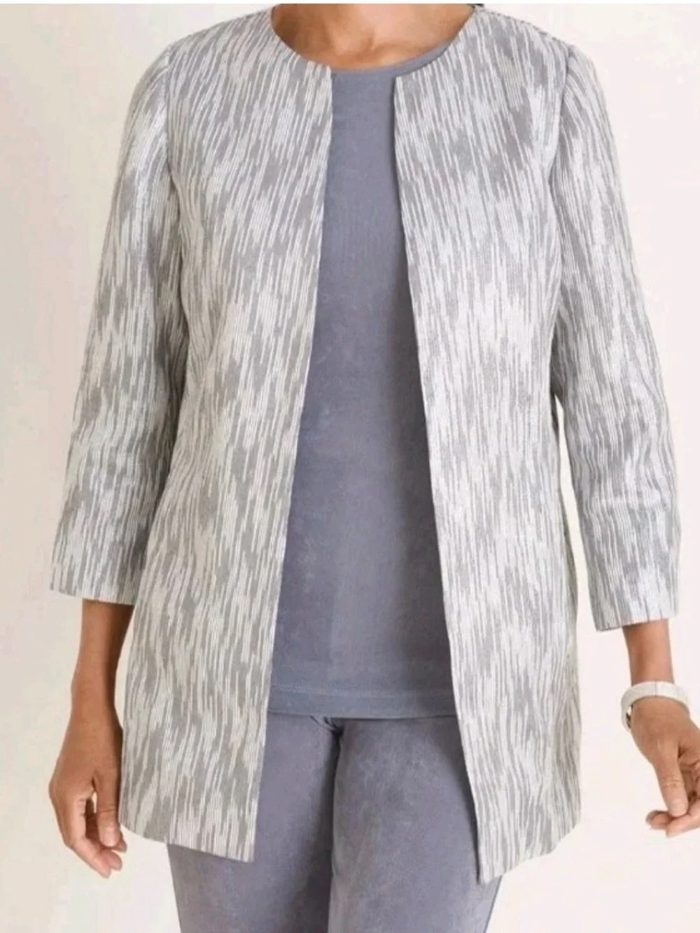 Chico's Travelers Collection Dressy Textured Lurex Jacket, Metallic Gray Silver